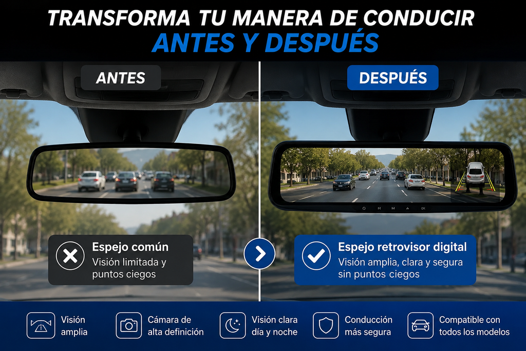 🚗 TRANSFORMA TU MANERA DE CONDUCIR De un retrovisor tradicional a un retrovisor inteligente con pantalla, cámara y visión amplia.