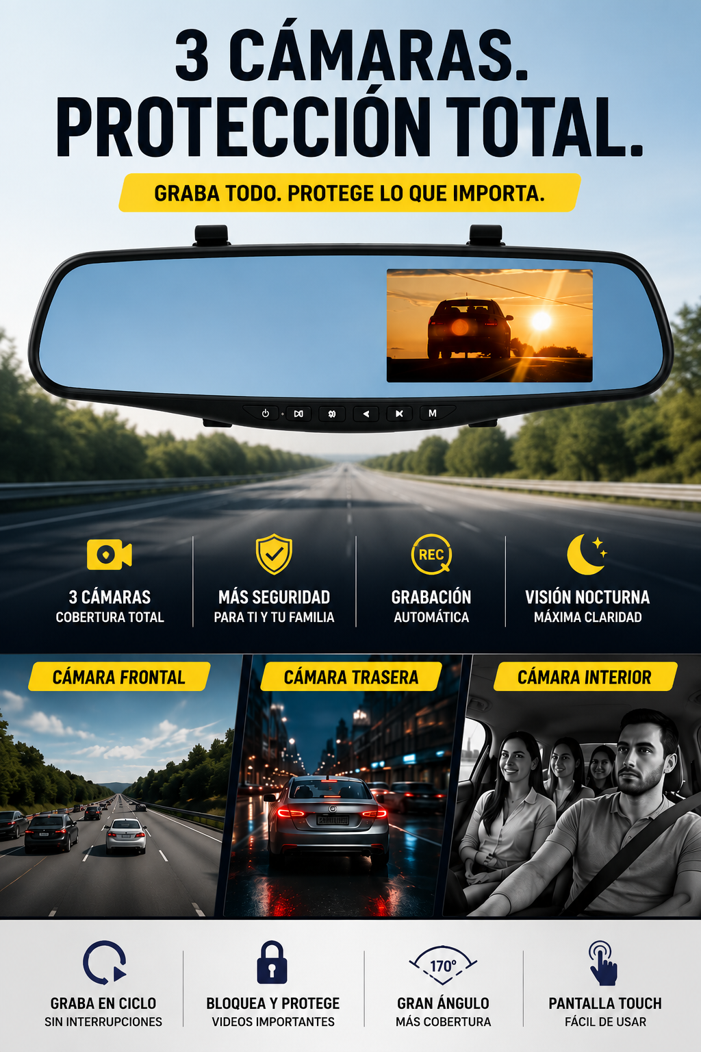 Espejo retrovisor 4 en 1 Pantalla Táctil